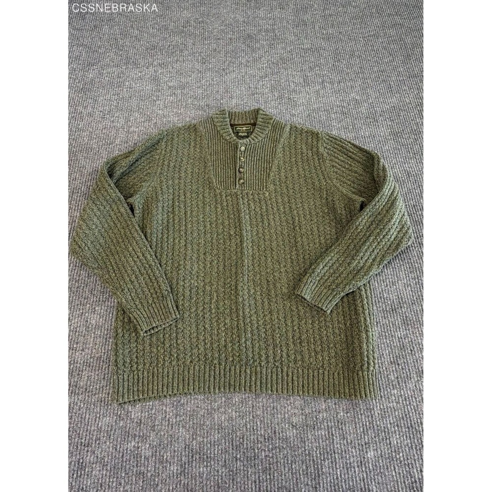 Eddie Bauer Men's Vintage 90s Green Mock Neck Henley Rib Knit Cotton Sweater L‎